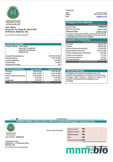 Irak Bank Handlowy Iraku wyciąg z kredytu hipotecznego szablon Word i PDF